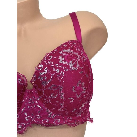 VICTORIA’S SECRET 36DD Dream Angels Lightly Lined Demi Lace Bra Dark Pink Silver - Picture 2 of 6